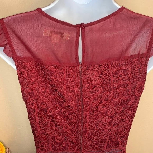Small Juniors Burgundy Lace Short Sleeve Dress Mesh Event Party Cocktail - Picture 7 of 10